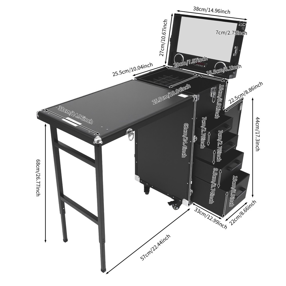 Nail Desk Mobile Station Rolling Makeup Train Case Manicure Table with Speaker