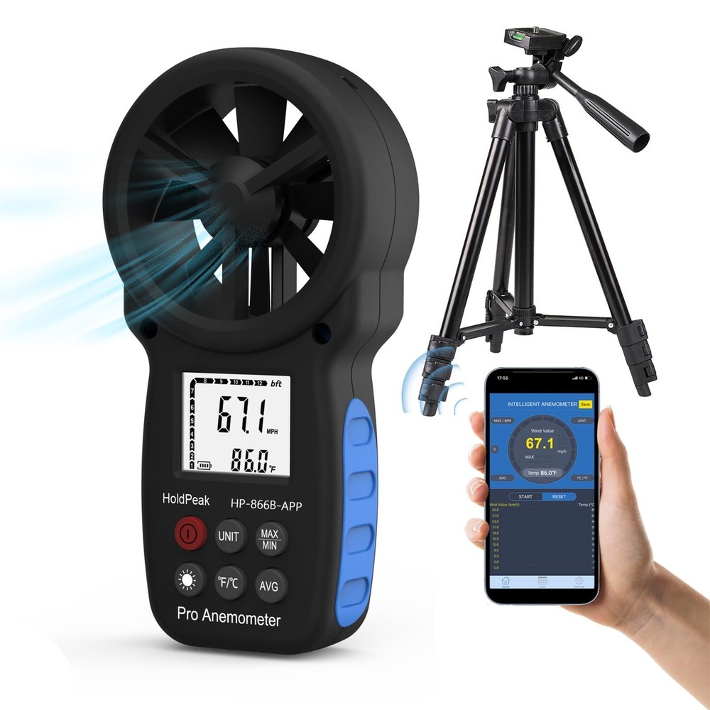 HoldPeak Handheld Anemometer Bluetooth with Tripod, Digital Wind Speed Gauge ...