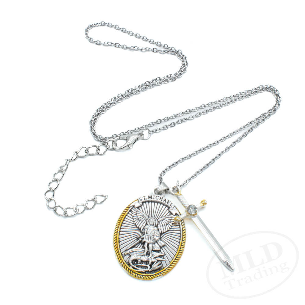 Saint St Michael Pendant Necklace, Oval Silver-Gold, Sword Charm, Ephesians 6:10