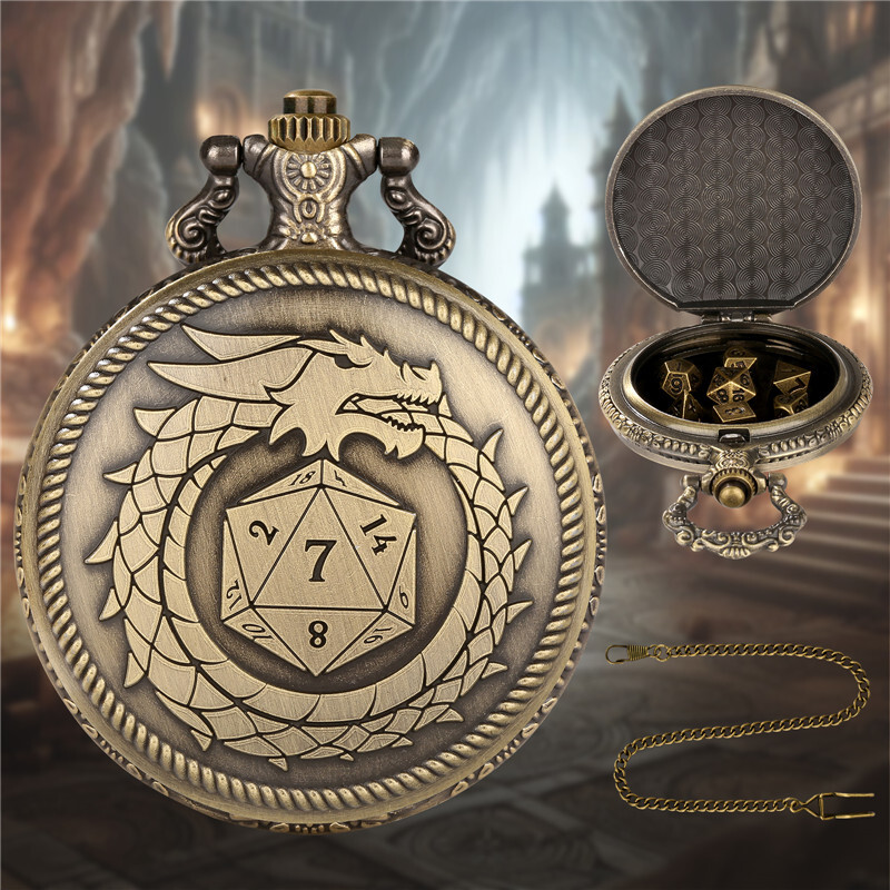 7Pcs Dnd Dungeons & Dragons Polyhedral Dice Set in Dragon D20 Pocket Watch Case