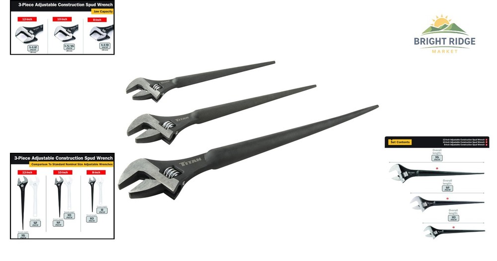 3-Pc Adjustable Wrench Set with Laser-Etched Scales for Easy Size Identification