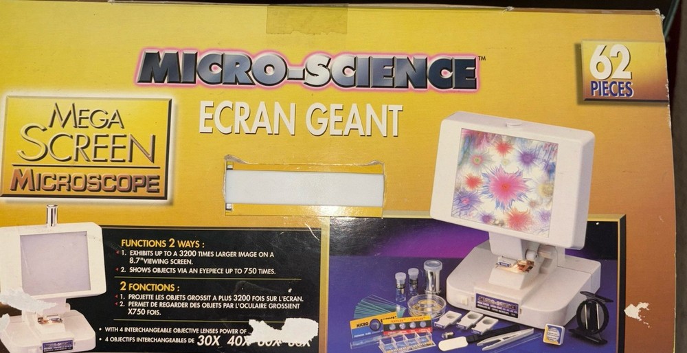 Vintage MICRO-SCIENCE MEGA SCREEN MICROSCOPE 62 PCS 1998-Used/Powers On