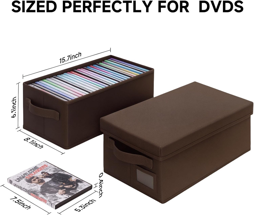DVD Storage Box 2 Pack – Brown Sturdy Media Organizer with Lids, Stackable Stora