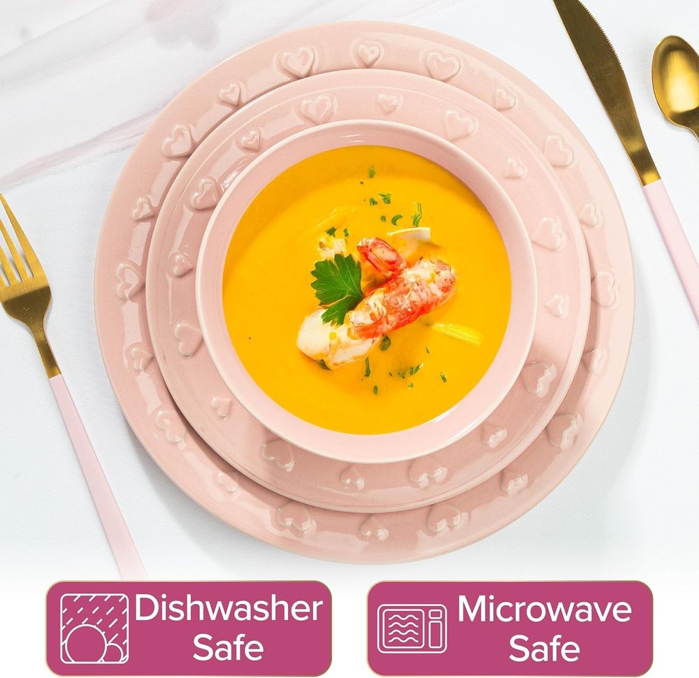 Ceramic Stoneware 12-Piece Dinnerware Set, Embossed Hearts. Iconic