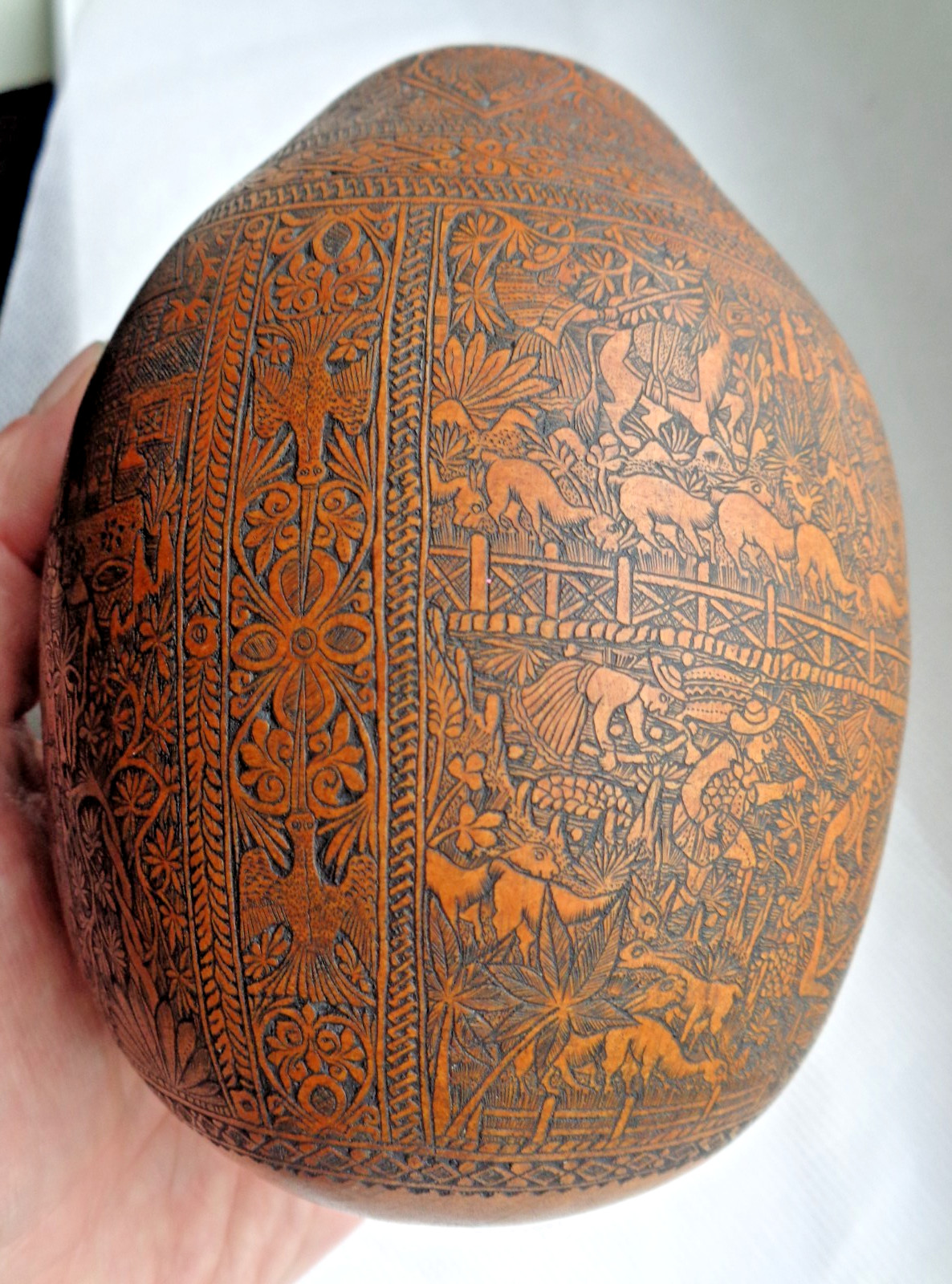 ANTIQUE SOUTH AMERICAN FOLK ART CARVED GOURD BULL FIGHTER, CHURCH, FARMER, LLAMA