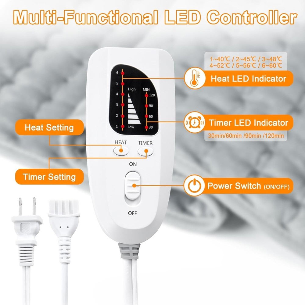 Versatile Electric Heating Pad - 6 Temp Settings, Machine Washable - Light Gray