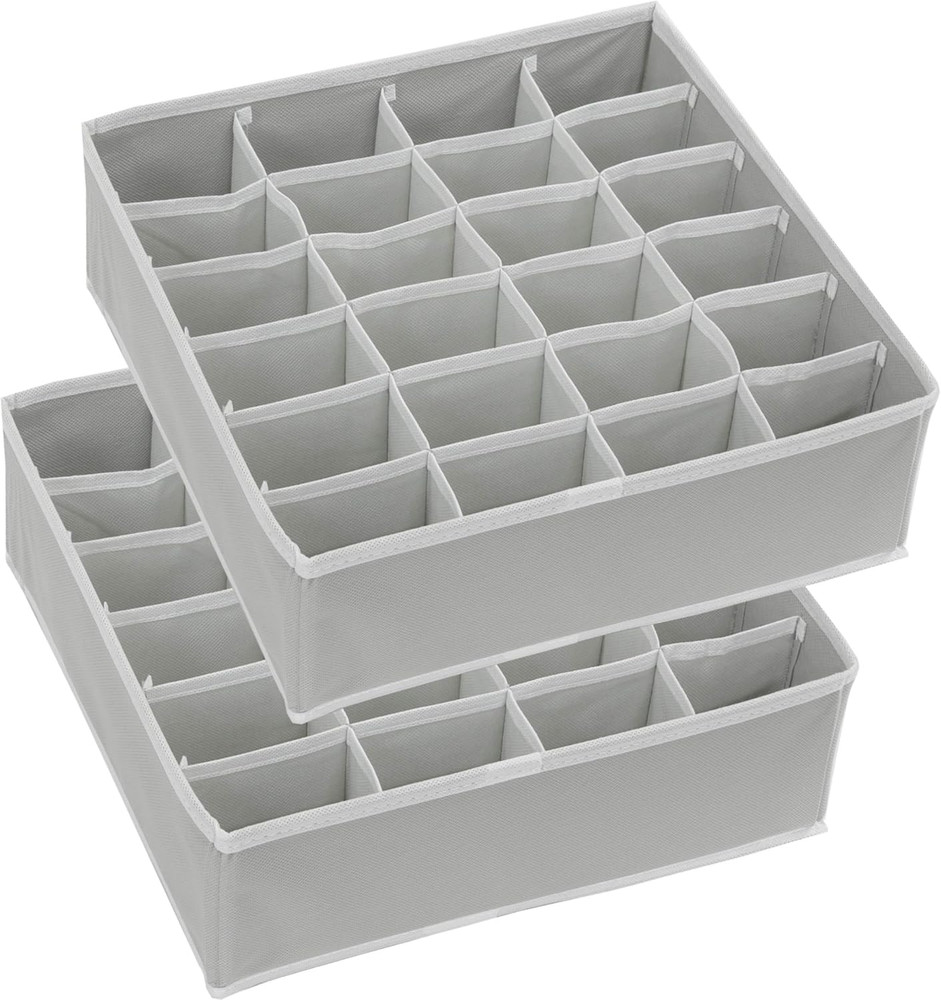 2 Pack Closet Sock Organizer, 24 Cell Drawer Divider, Gray