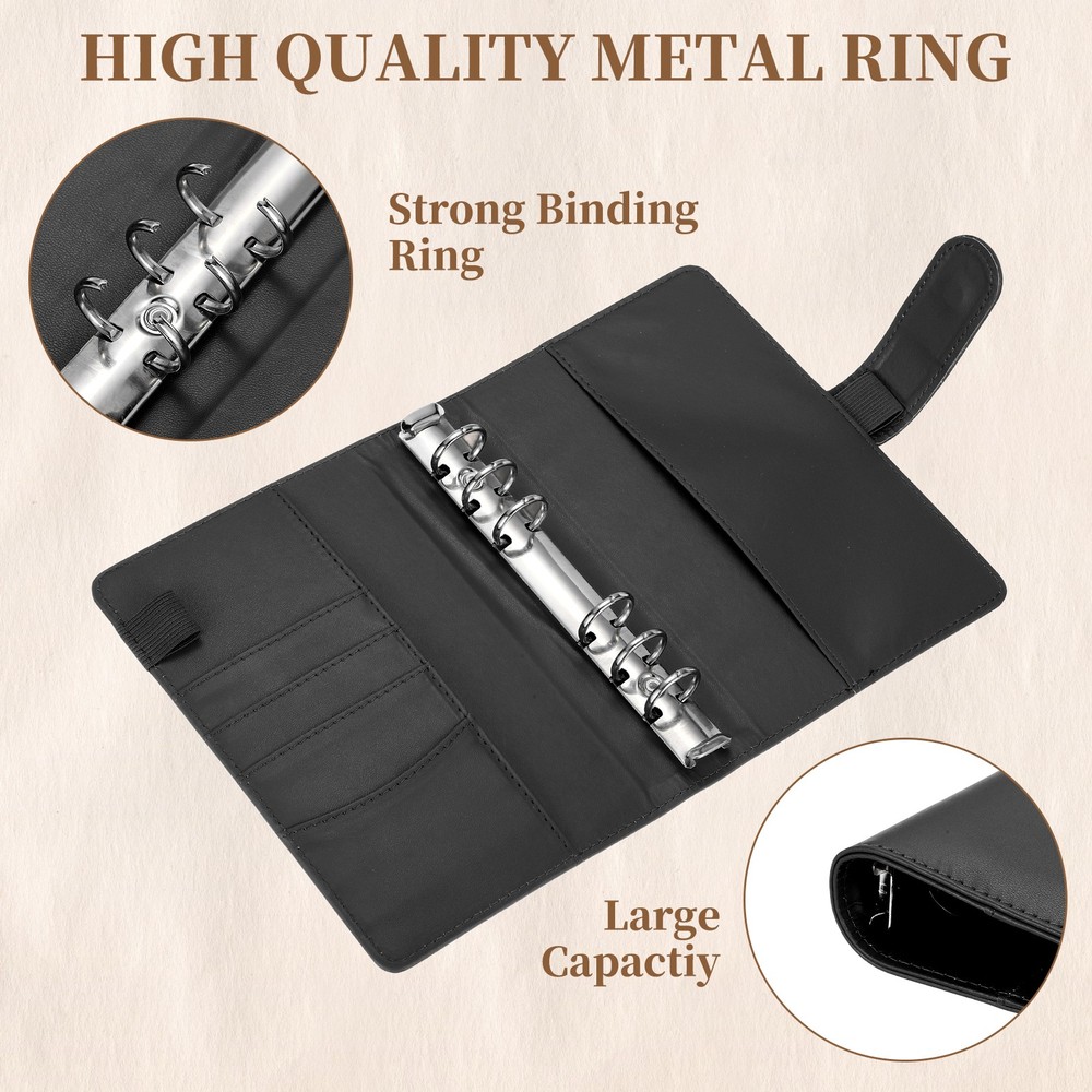 A6 PU Leather Binder Protector, 6 Ring Loose Leaf Notebook Shell, Black