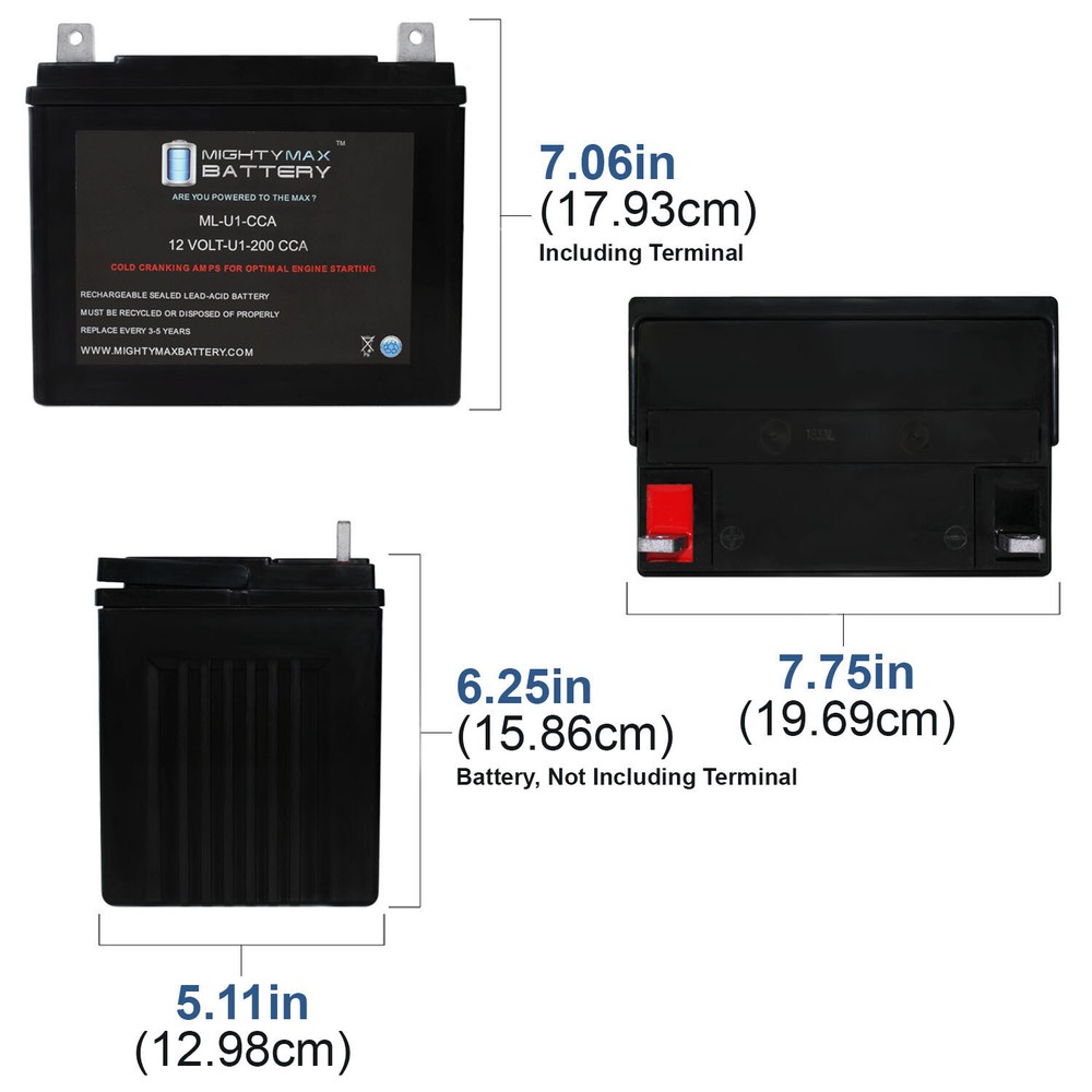 Mighty Max ML-U1 12V 200CCA Battery Replacement for Lawn Mower