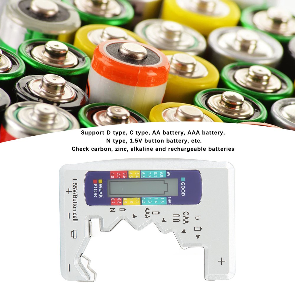 Battery Capacity Gauge Tester D C N AAA AA 9V 1.5V Button Cell Analyzer(Silver )