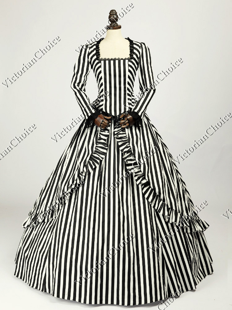 Victorian Civil War Black and White Stripe Cotton Dress Gown Theater Costume 321