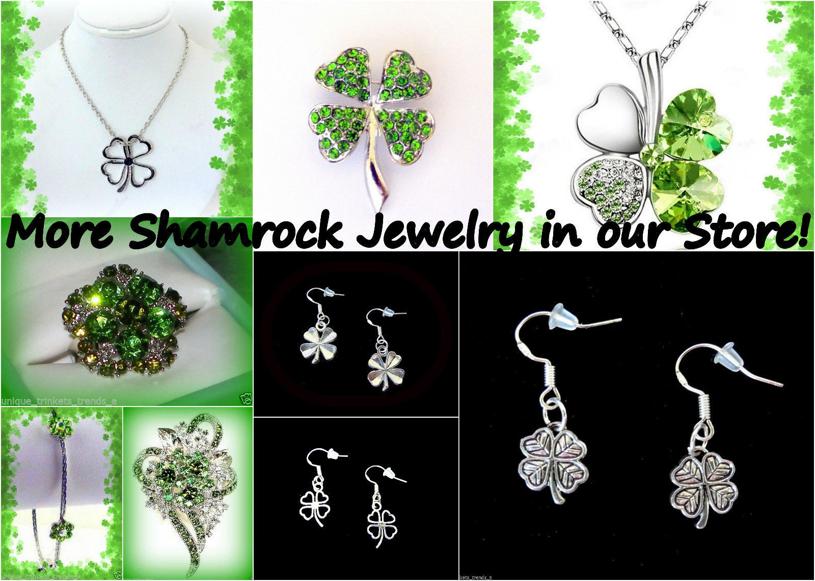 GREEN CRYSTAL SHAMROCK 4 LEAF CLOVER LUCKY IRISH BROOCH PIN~ST PATRICKS DAY GIFT