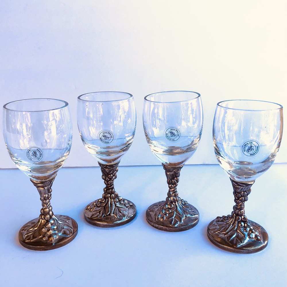 DAVCO SILVER LTD Set Of 4 Grape Silver Plated & Glass Cordial Liquor Glasses