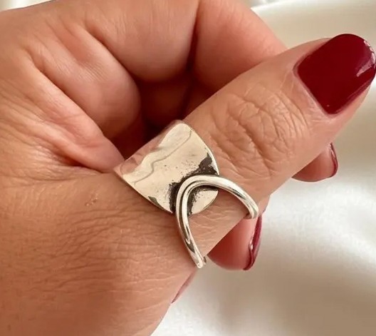 Solid 925 Sterling Silver Wide Hammered Abstract Open Loop Handmade Ring for Her