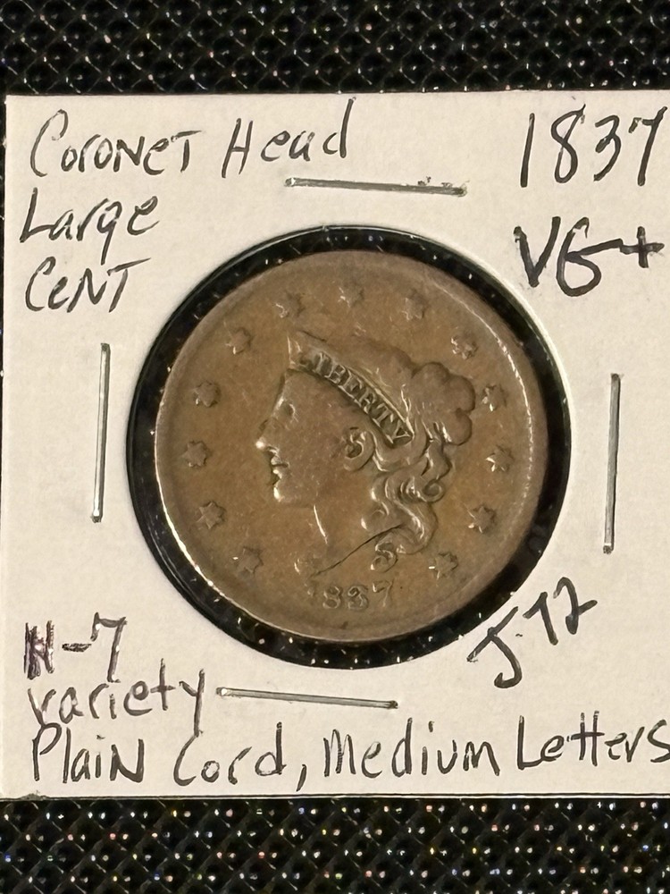 1837 Coronet Head Cent VG+ N-7, Medium Letters, Plain Cord