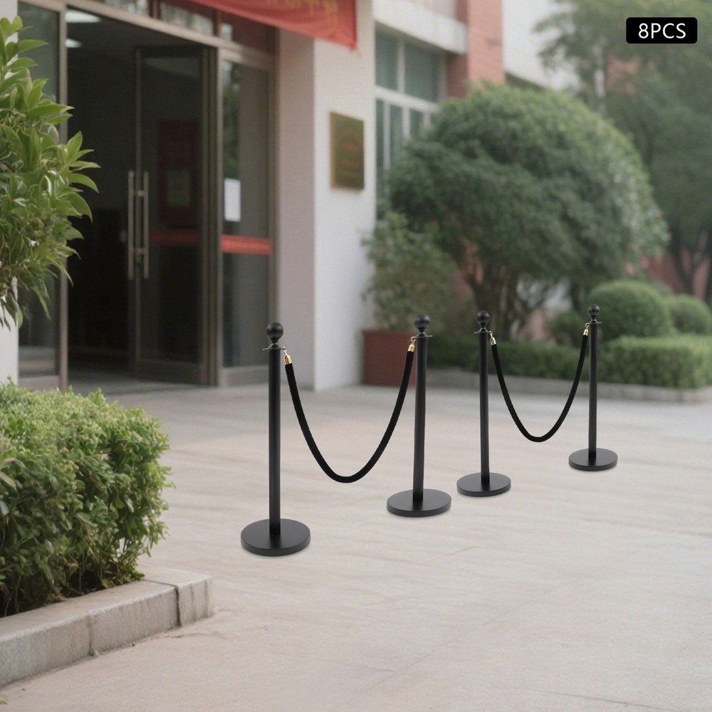 8PCS Stanchion Posts Queue Pole Black with 4 1.5M Ropes Crowd Control Barrier