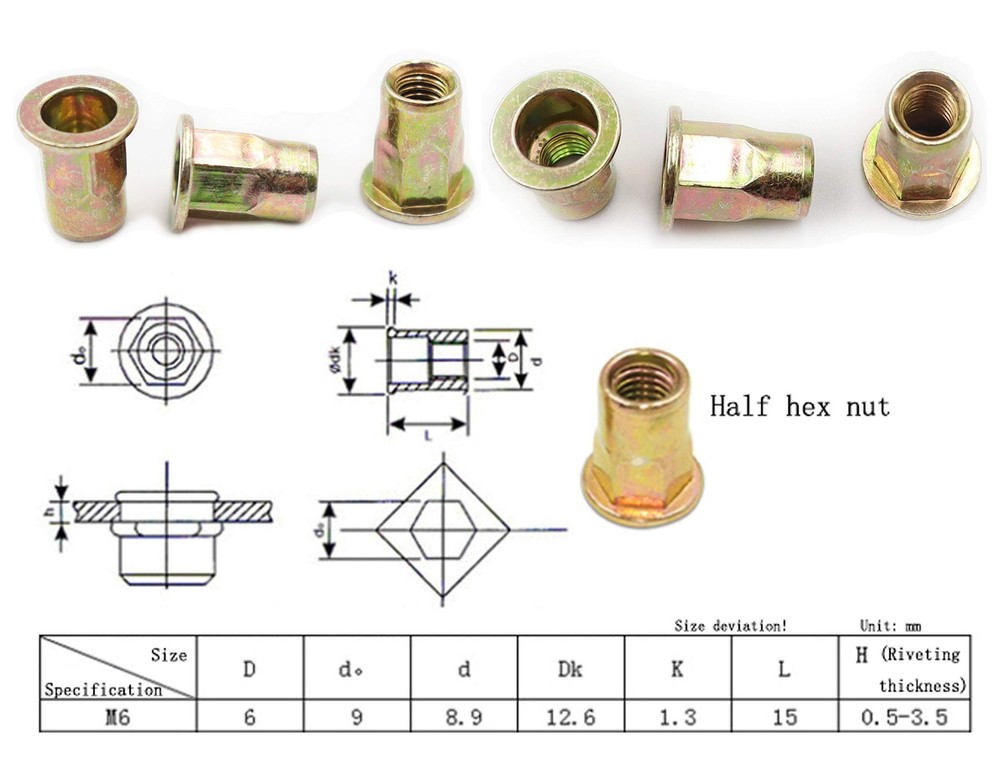 LBY 60pcs Carbon Steel Rivet Nuts, M6 Thread Insert Nutsert (Half-Hexagonal) ...
