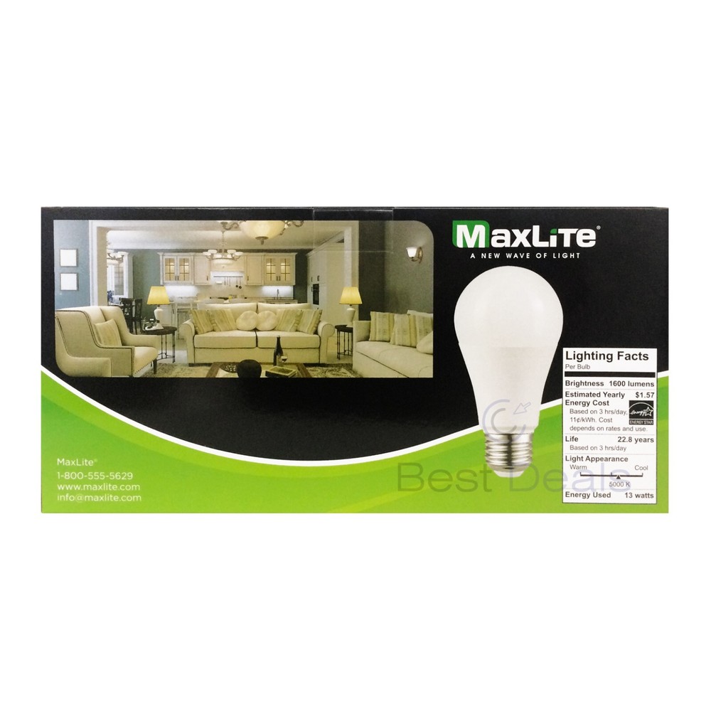 Maxlite Dimmable LED 13W Daylight Light Bulb A19 100W replacement 5000k- 16 PACK