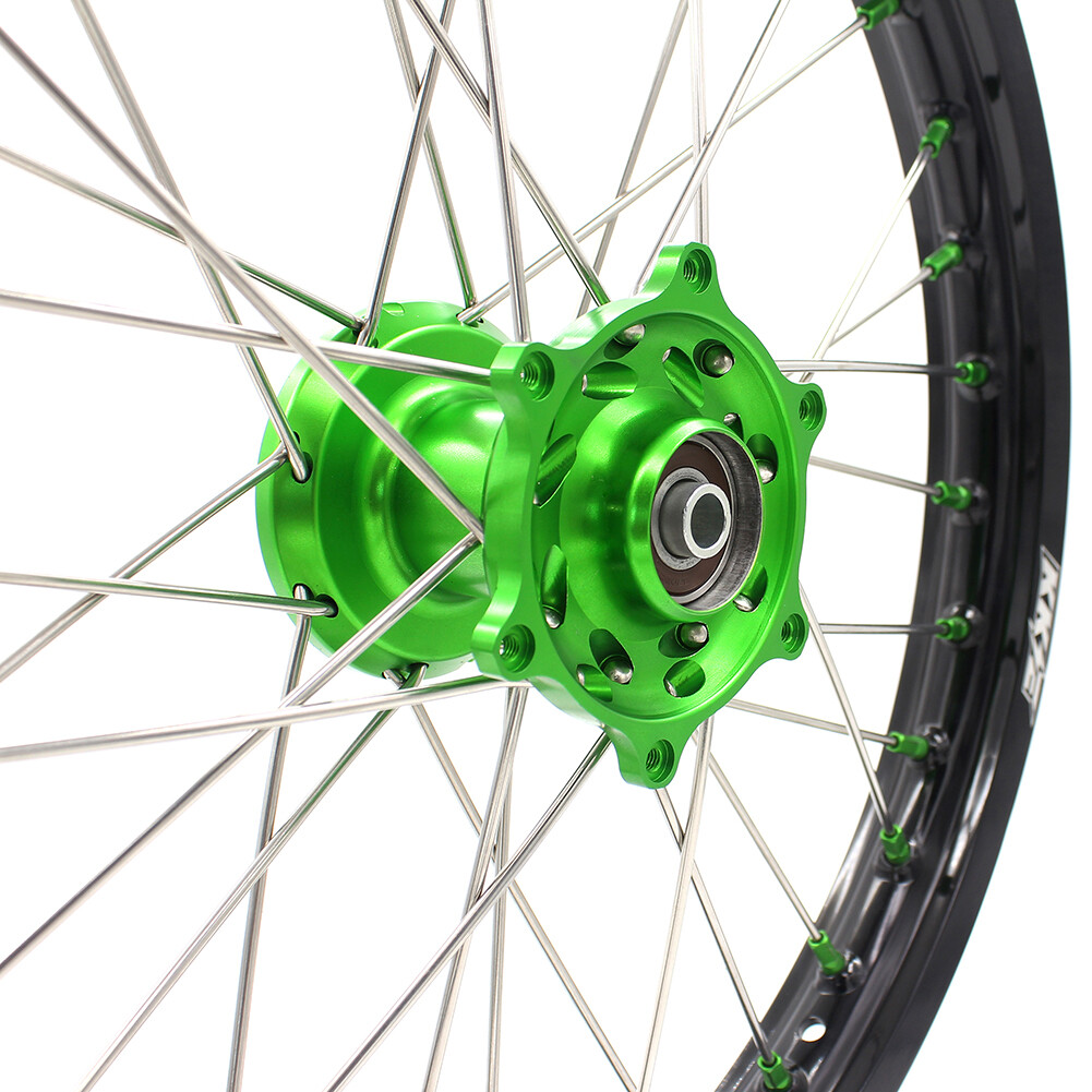 KKE 19/16 Spoked Kid's Big Wheels Set Fit KAWASAKI KLX140 16-2017 Green Nipples