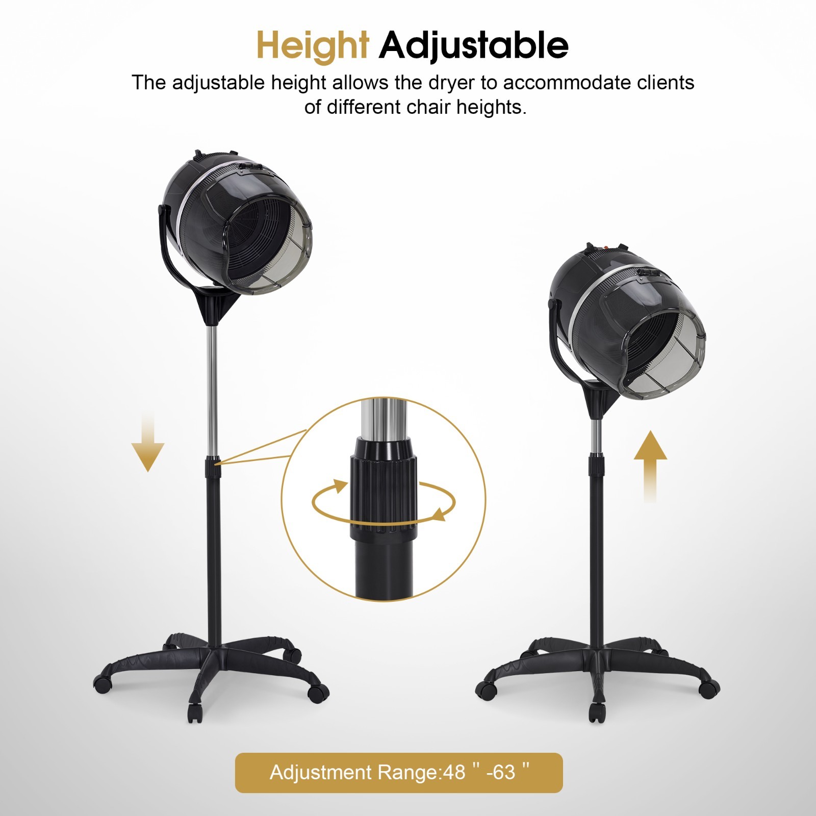 BarberPub 1300W Adjustable Hooded Hair Bonnet Dryer Stand Up Rolling Base VHD08