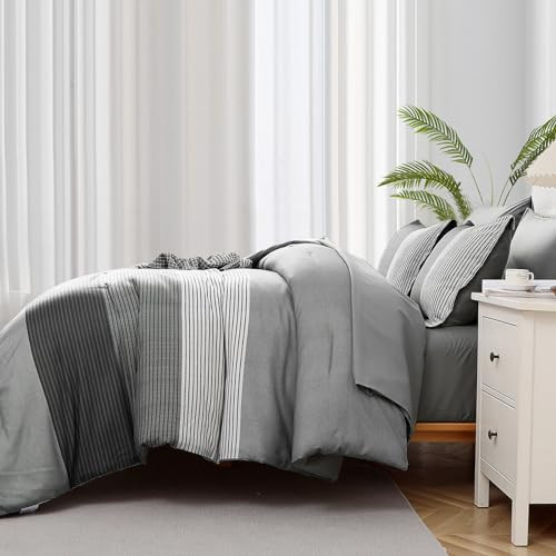 Comforter Set Reversible Striped Down Alternative Comforter for King Grey