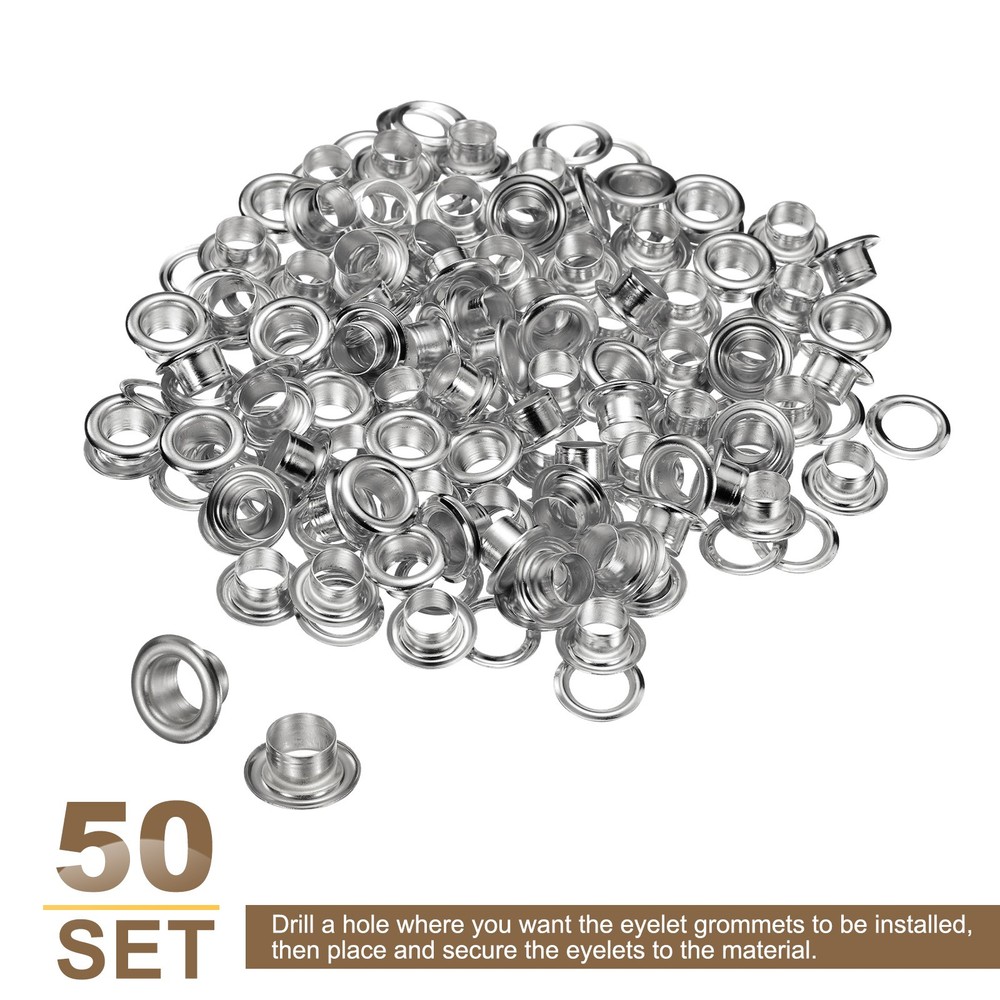 50Set Grommets Eyelets Kit 6mm Brass Eyelets with Washers, Silver
