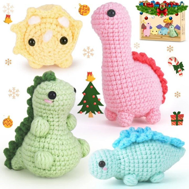 Beginner Crochet Kit with Video Tutorials - 4 Pack Dinosaur Patterns