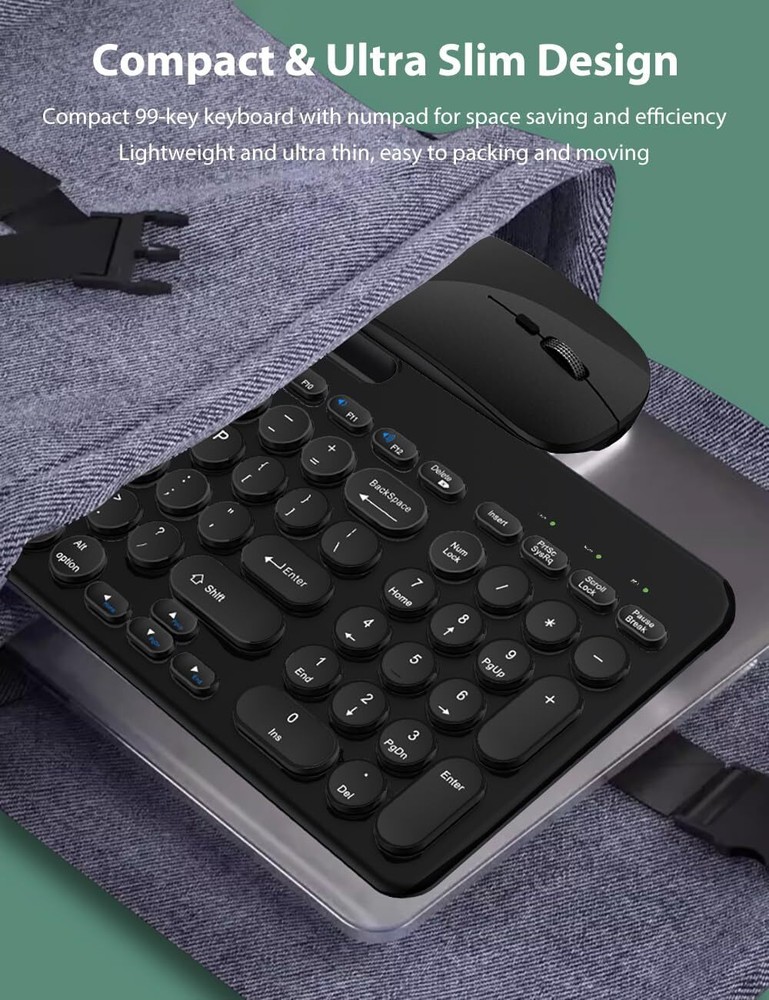 99-Key Wireless Keyboard & Mouse Combo Retro Round Keycaps for Mac/PC Black Grey