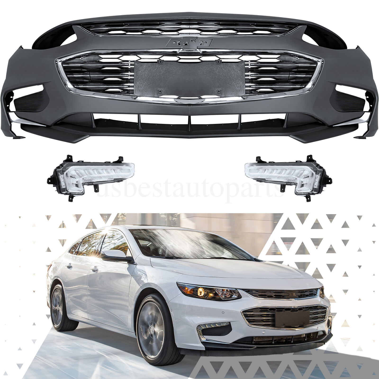 Front Bumper Cover w/ Valance Grill Grille Fog light Trim For Chevy Malibu 16-18