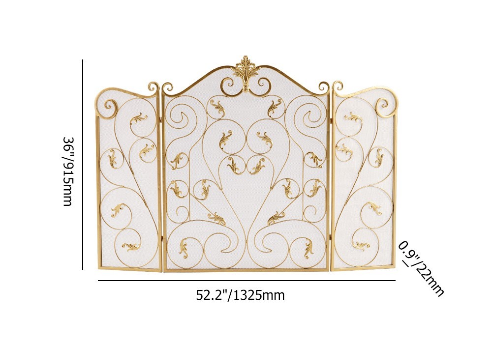 Retro Gold 3-Panel Foldable Fireplace Screen with Acanthus Leaf Design