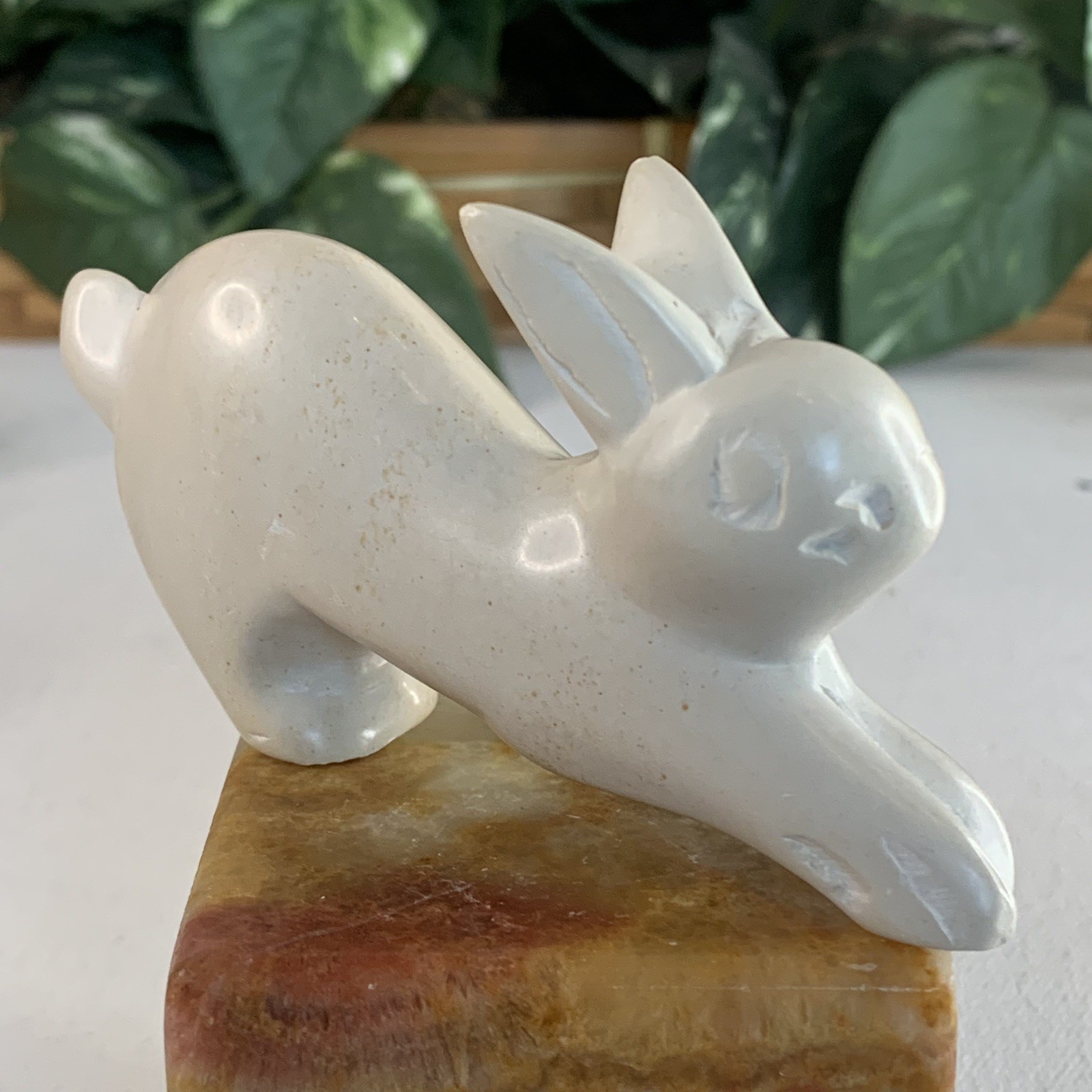 Large Soapstone Carved Rabbit Figurine Stone Bunny Carving Animal Figure 4.2”