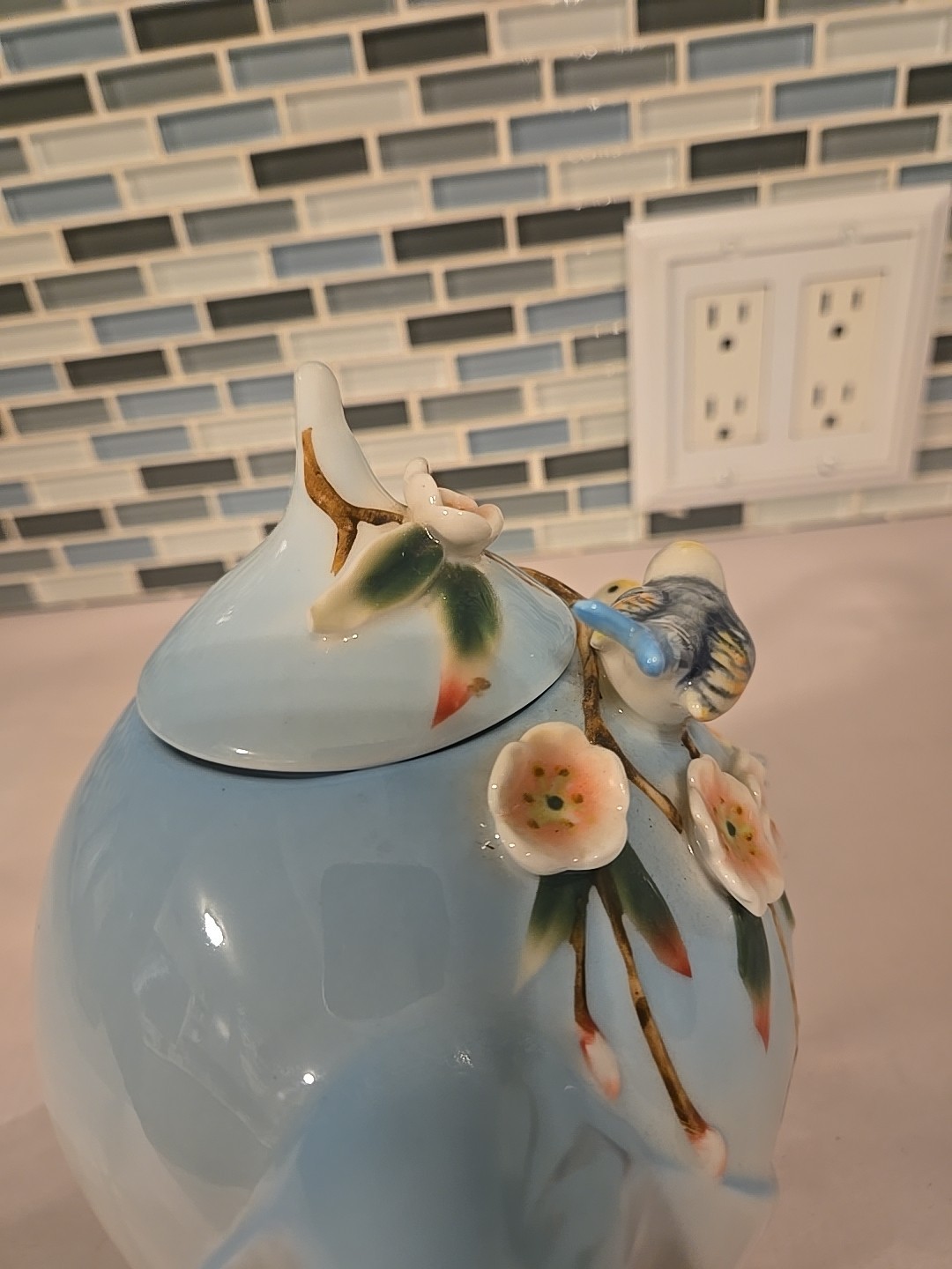 Pier 1 Imports Hand Painted Porcelain 3D Decorative Teapot Birds Flowers 7”
