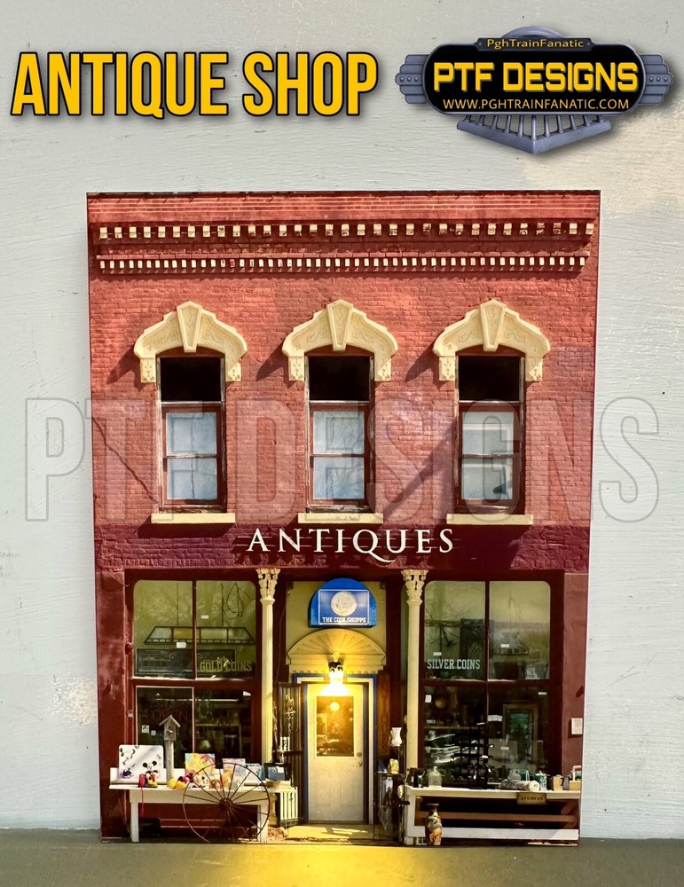 HO Scale ANTIQUE STORE - Building Flat/ front w/LED - scratch built