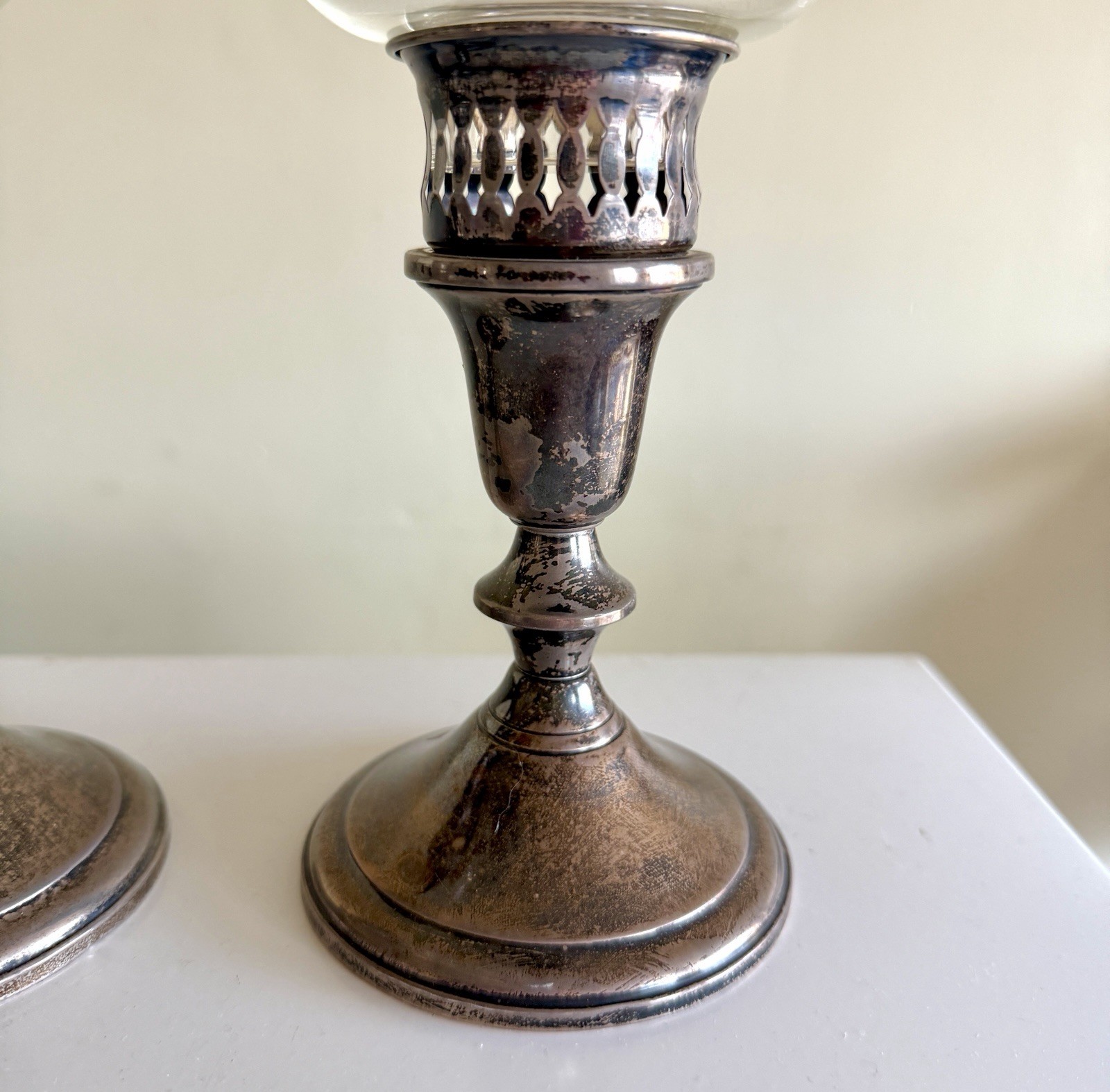 Vintage TOWLE Sterling Weighted Candlestick Pair, Etched glass Shades, 12 1/2”