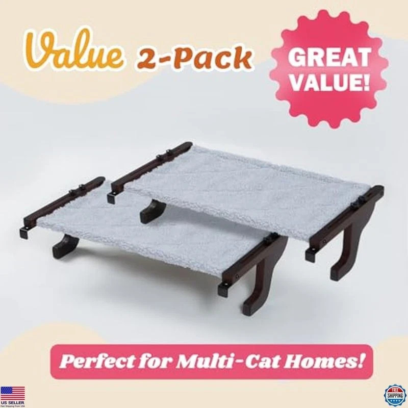 2PC Cat Window Perch Hammock - Pine Wood & Metal Frame, Gray Bed, 23''W x 14''D