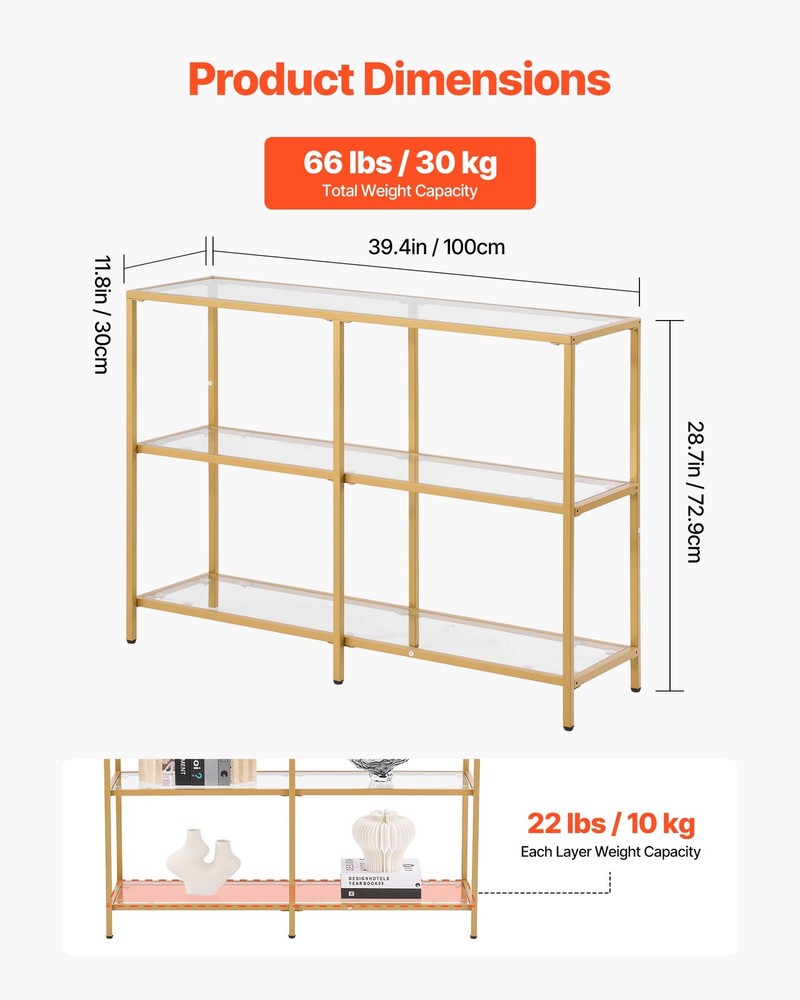 [New]3-Tier Glass Console Table,Modern Rectangle Sofa Side Table w/Tempered Glas