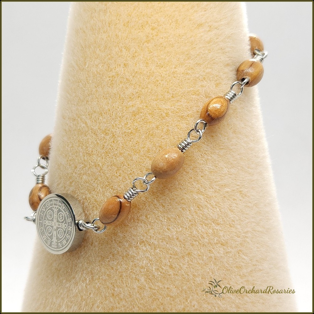 Handmade Stainless Steel St. Benedict Olive Wood 7.25" Devotional Bracelet