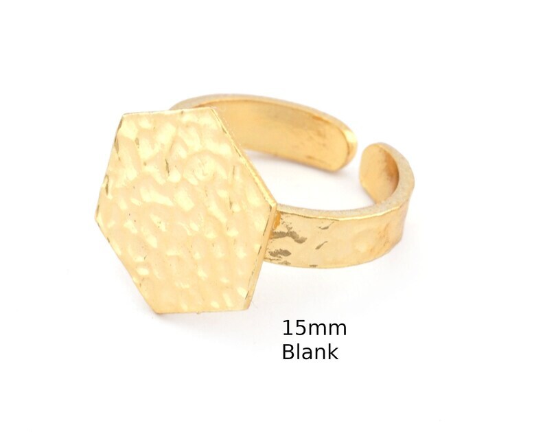 Hexagonal Hammered Adjustable Ring Blank-Shiny Gold Plated Brass15mm Blank 4947