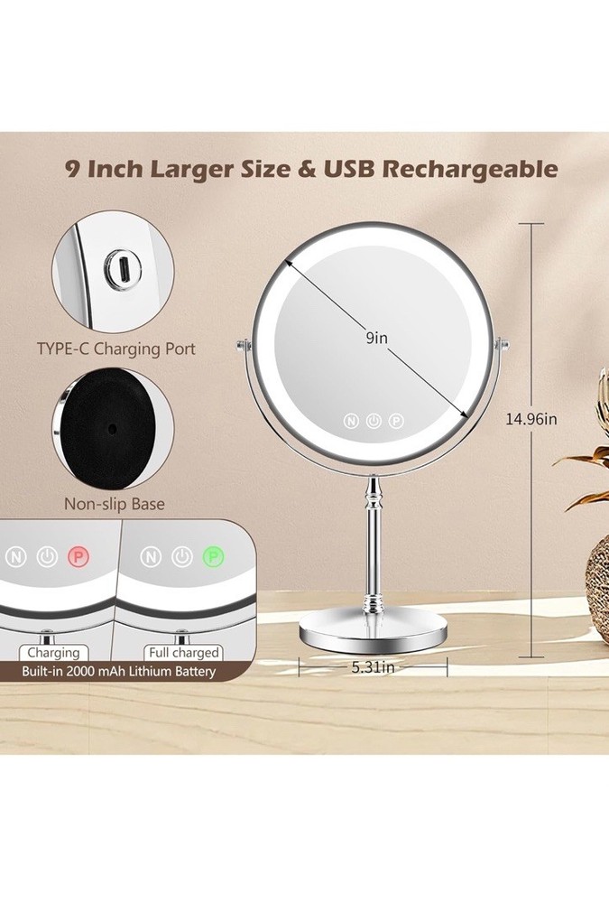 Slimoon 9" Large Lighted Makeup Mirror, 1X/10X Magnifying Makeup Mirror