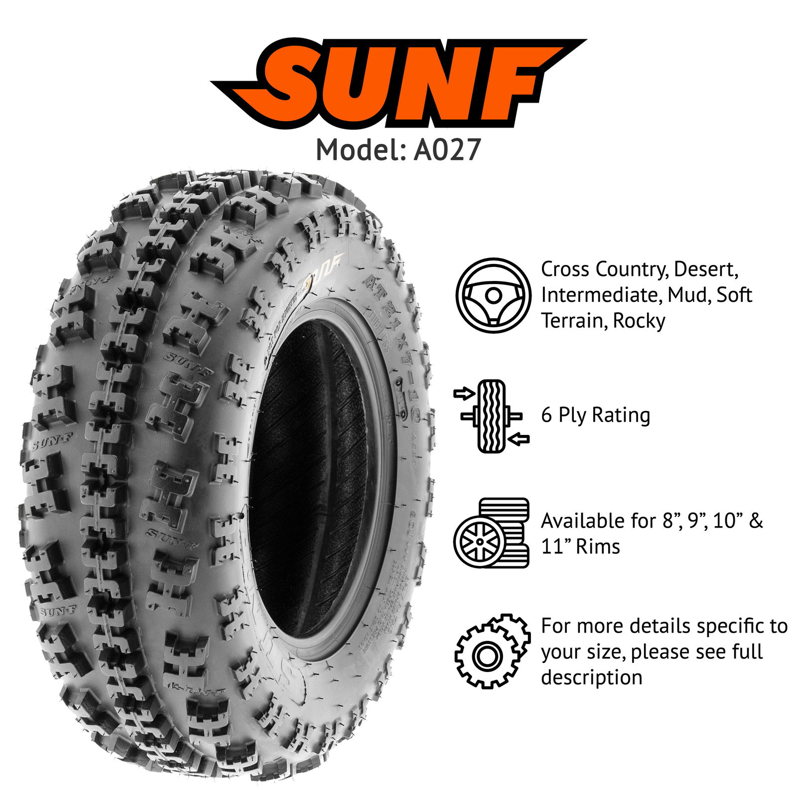 【2 Front 21x7-10 】【2 Rear 20x10-9 】SunF ATV UTV Tires Tubeless 6 Ply - A027