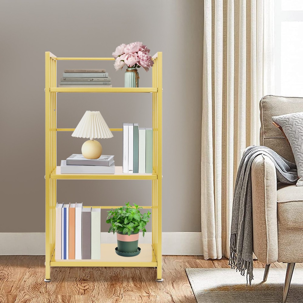 Open Shelf Bookcase, 3-Tier Display Rack, Gold, Baking Paint, Floor Mount
