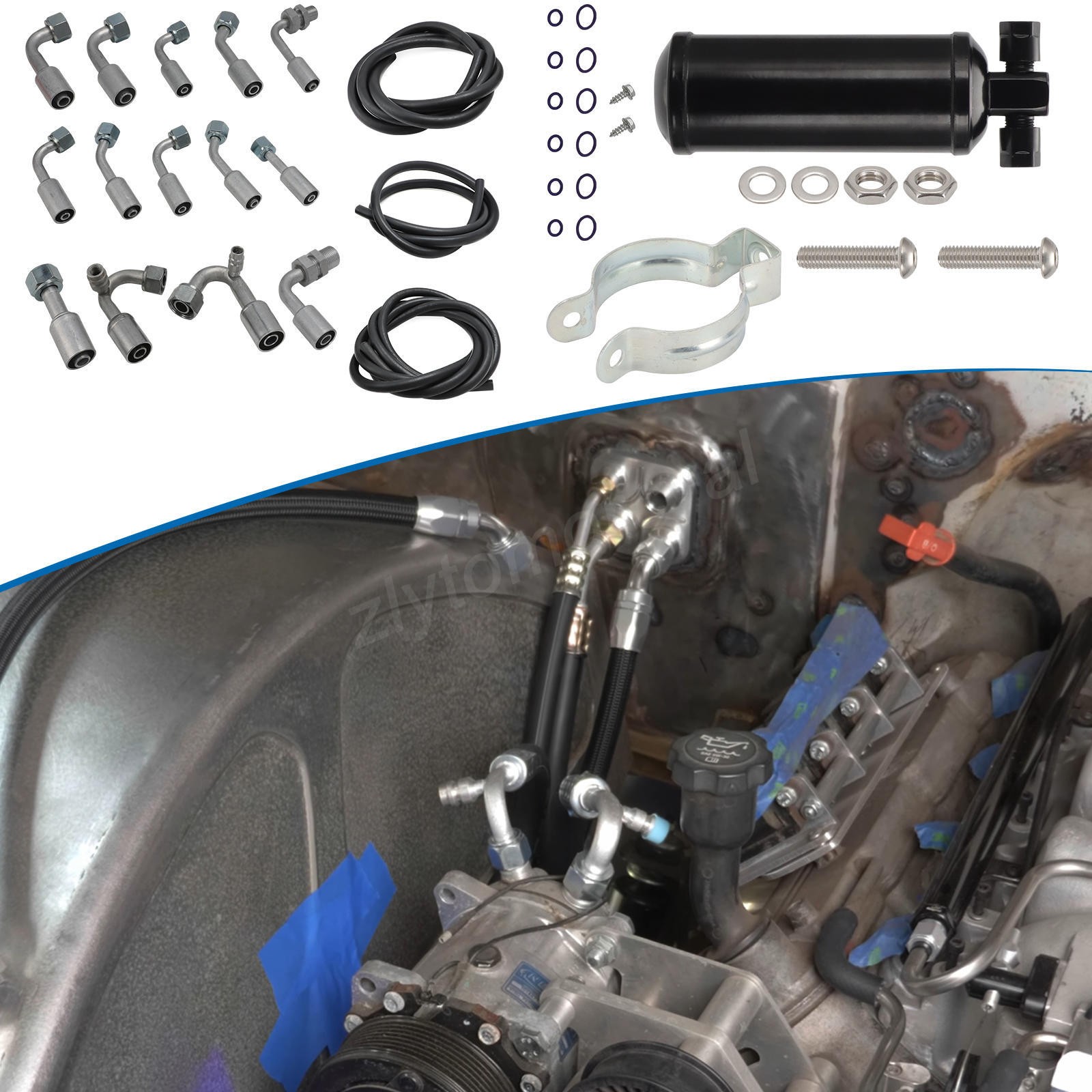 Universal 134a Air Conditioning A/C Extended Length Hose Line Kit Fittings Drier