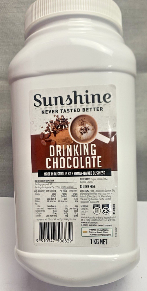 SUNSHINE DRINKING CHOCOLATE 1KG australian made