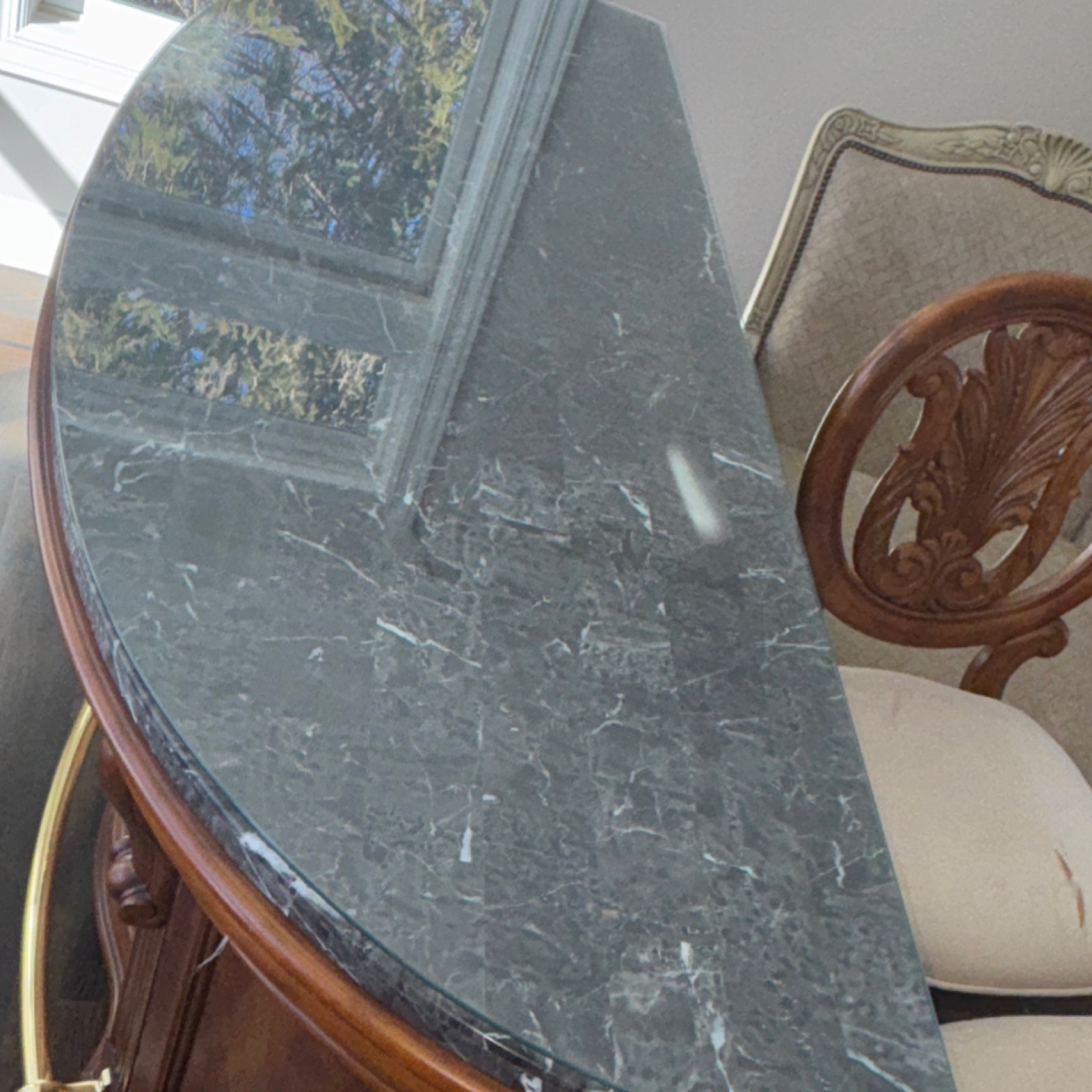 Pulaski Wood Bar Cabinet with Marble Top, Brass Handles, three bar stool’s