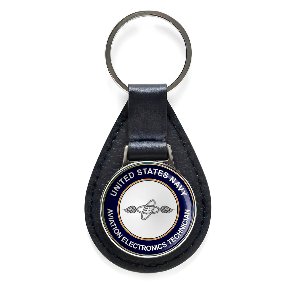 U.S. Navy Aviation Electronics Technician Black Leather Keychain Silver Keyring