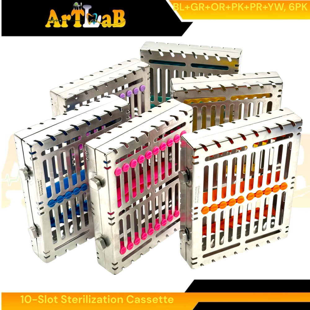 6 Count - Sterilization Cassettes for 10 Instruments, Detachable, 2-Button Lock