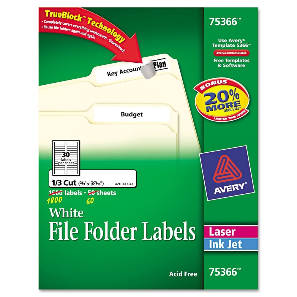 Avery Permanent File Folder Labels, TrueBlock, Laser/Inkjet, 2/3 x 3 7/16,