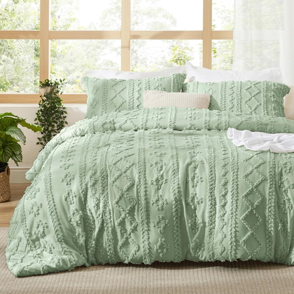 Tufted Boho Comforter Set King Size Beige Boho Bed Set GentleSoft™ 3 Pieces