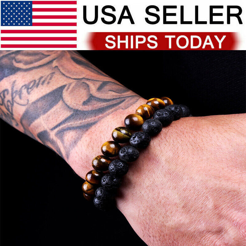 2PCS Men Bracelet Classic Lava Rock Tiger Eye Gem Stone Beaded Healing Boyfriend