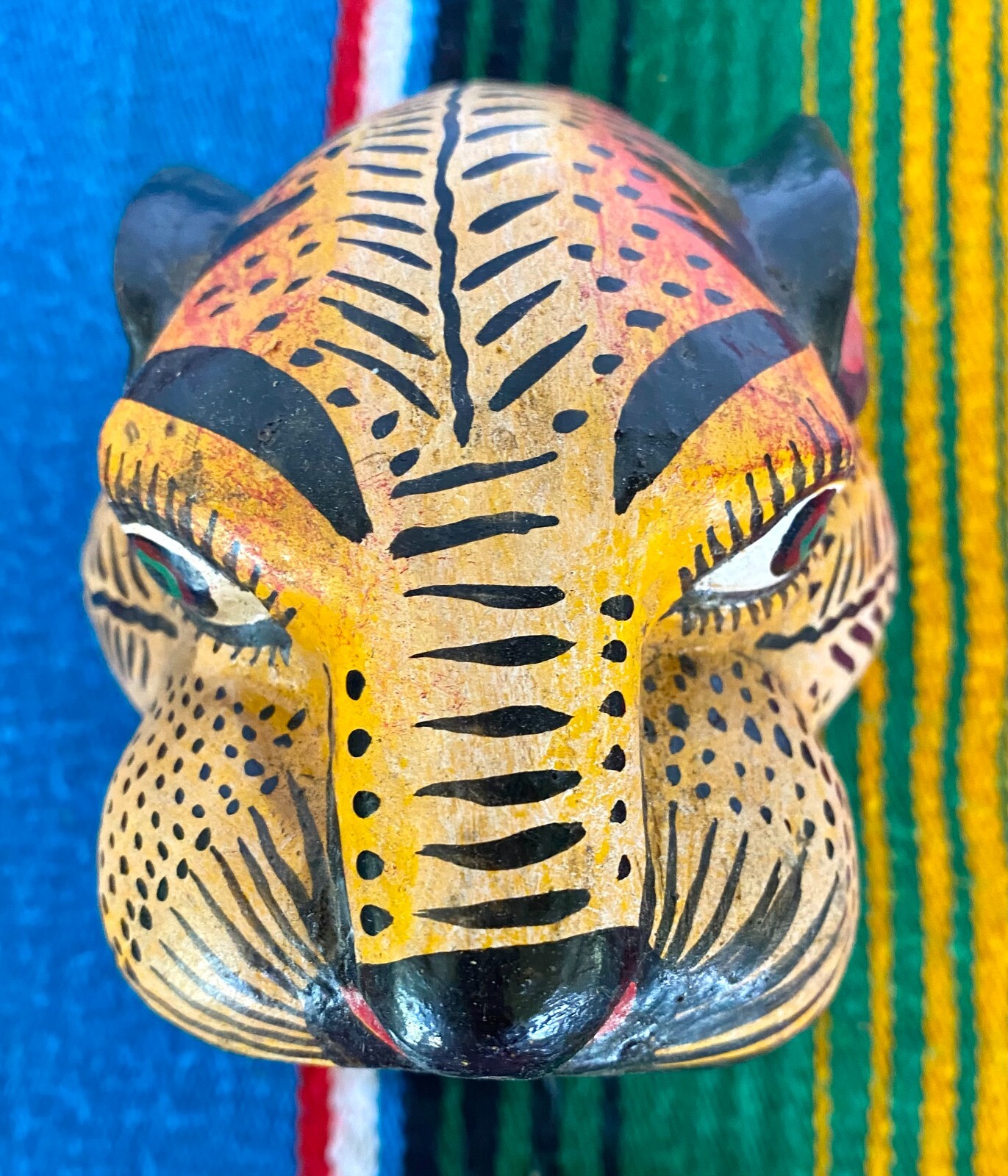 Mexican Folk Art Carved Wood Jaguar Leopard Cat Head Lion Face Mask Guerrero 5"